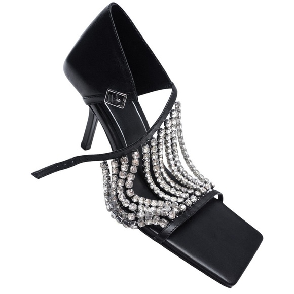 Zara 2020 Cruise Sandals 39 Sparkly Rhinestone Black Leather Square Toe Heels - Picture 1 of 16